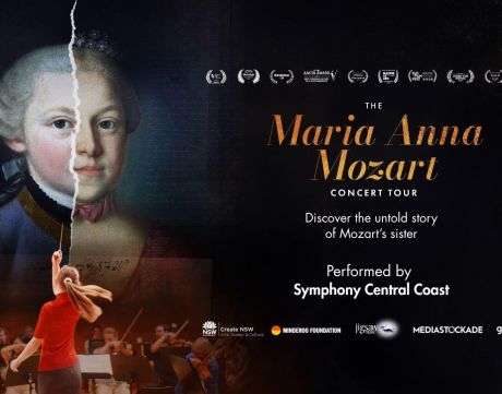 Image of Wolfgang and Anna Maria Mozart with details of the concert on 28 June
