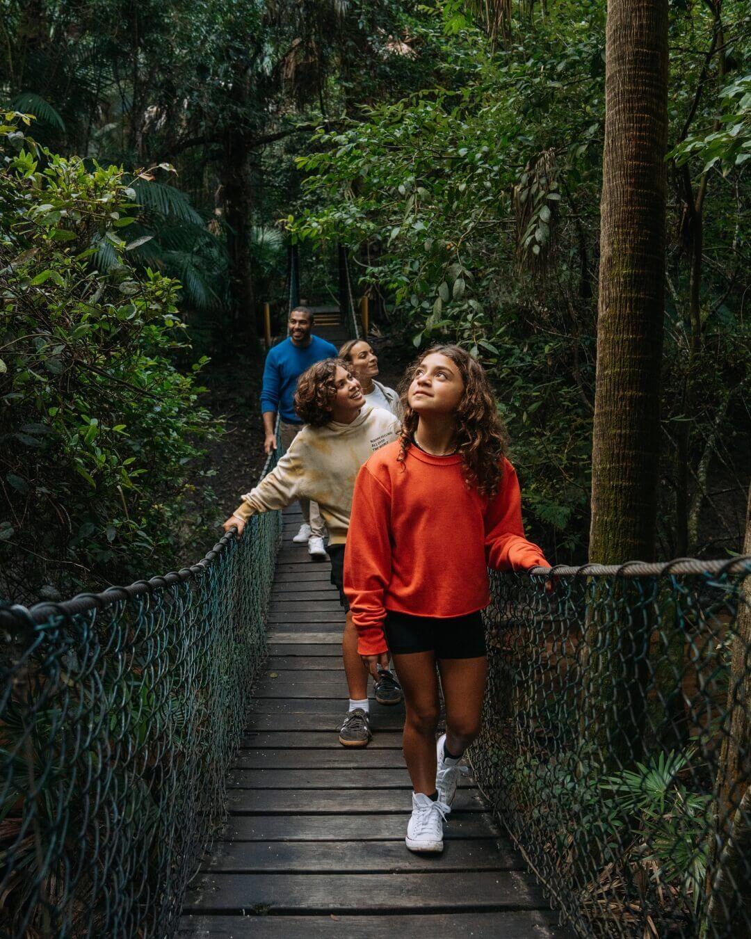 A family walking across a suspension bridge in a forest