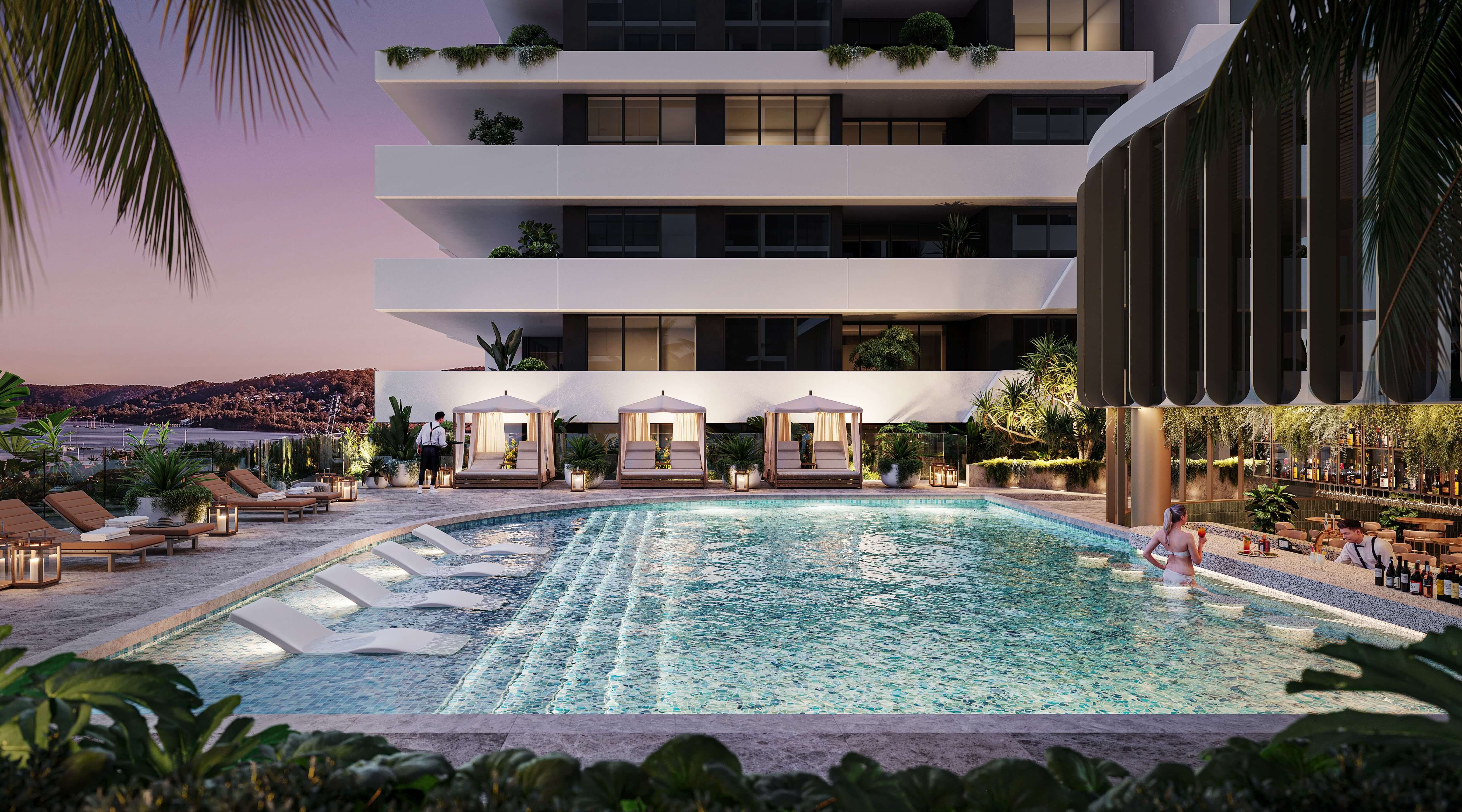 A rendering of a swim-up pool bar on a top level of a hotel