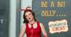 Child performing circus skills at Roundabout Circus with banner text “Be a bit silly” – promoting School Holiday Circus Program in Gosford
